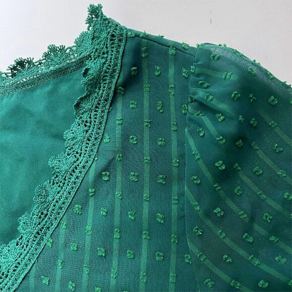 Farysays Top sz L V Neck Sheer Lined Crochet Trim Forest Fairy Dark Green - Picture 4 of 7
